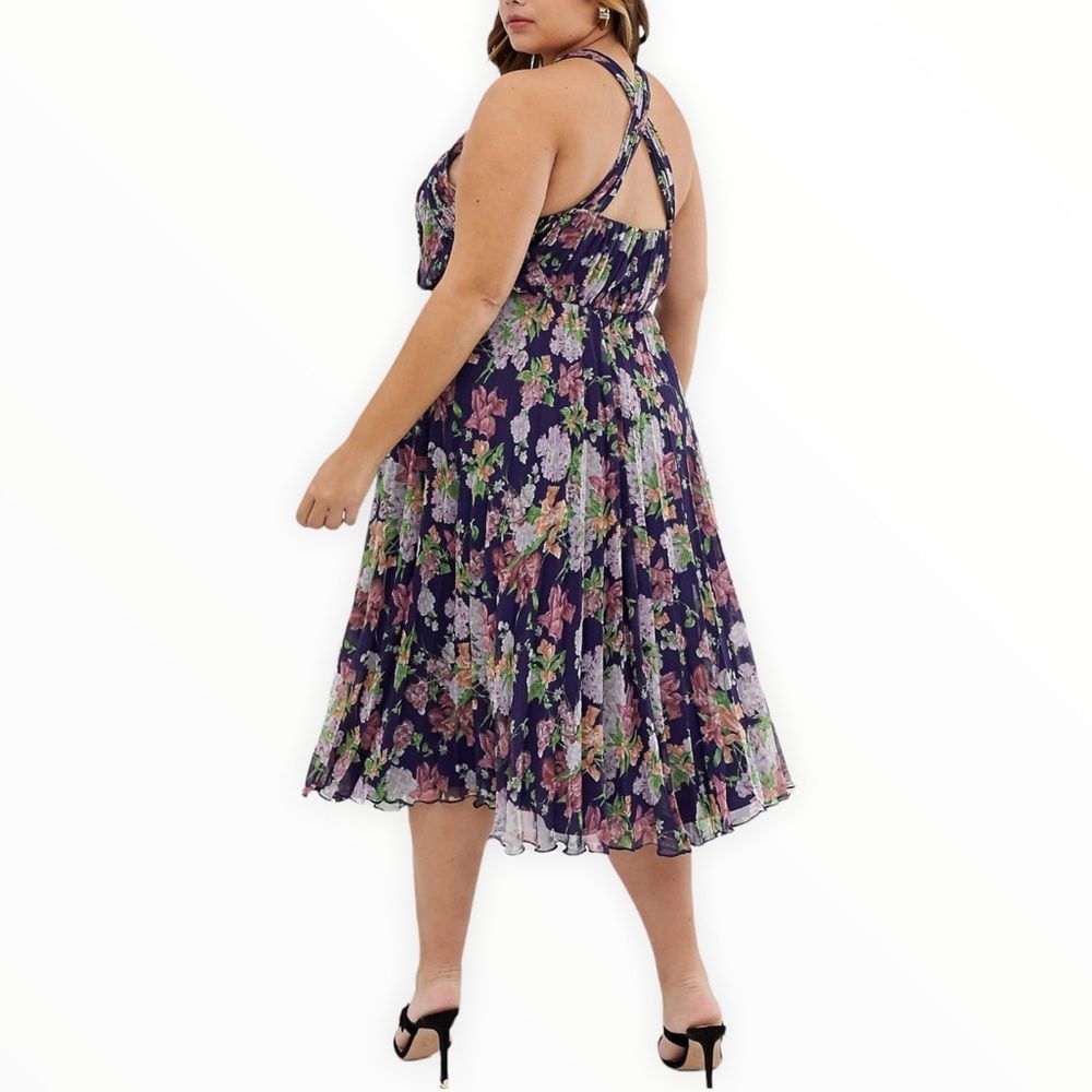 ASOS Curve Pleated High Neck Halter Midi Dress sz 14 Navy Summer Floral Print